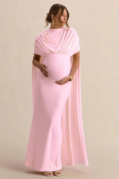 Club L London Araminta | Light Pink Bardot-Neck Maternity Maxi Dress With Cape Sleeves