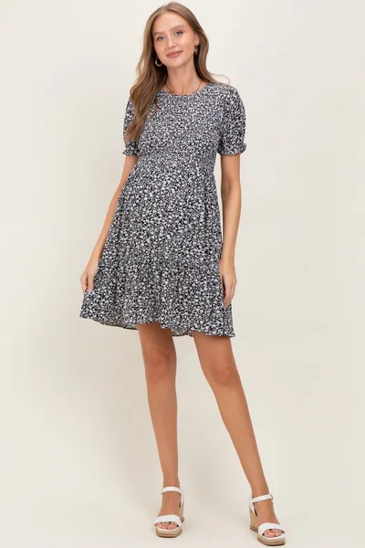 PinkBlush Black Floral Puff Sleeve Smocked Maternity Dress