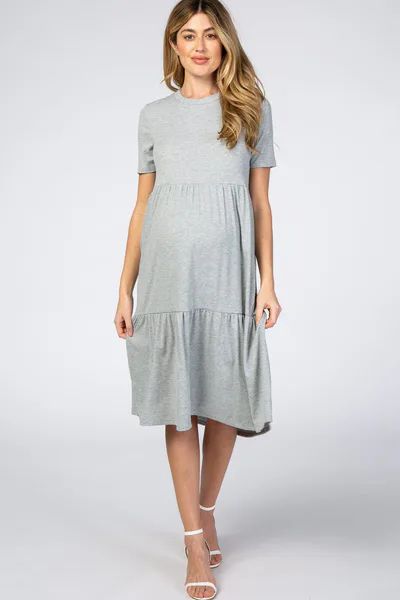 PinkBlush Heather Grey Ribbed Tiered Maternity Dress