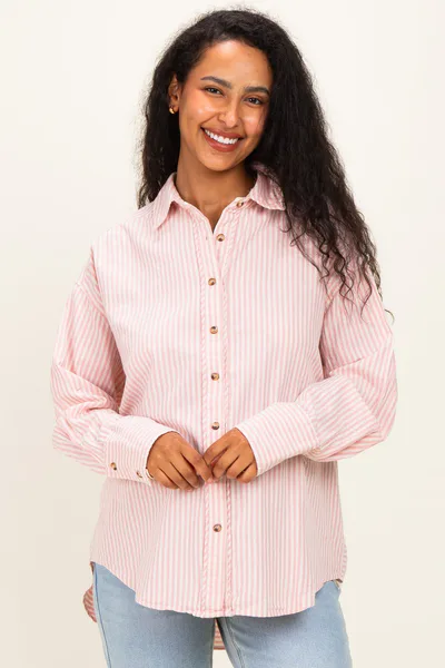 PinkBlush Pink Oversized Striped Button Down Long Sleeve Maternity Shirt