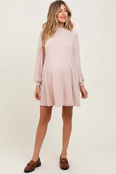 PinkBlush Light Pink Ribbed Mock Neck Bubble Sleeve Maternity Dress