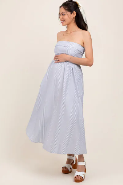 PinkBlush Blue Multi Stripe Strapless Maternity Midi Dress