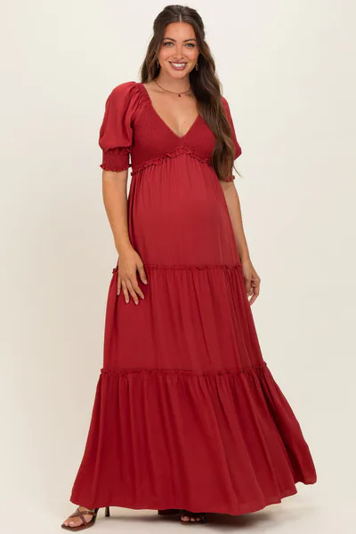 PinkBlush Brick V-Neck Smocked Tiered Maternity Maxi Dresses