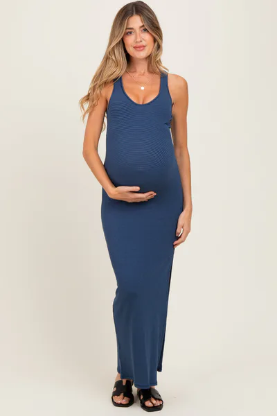 PinkBlush Navy Striped Side Slit Maternity Maxi Dress