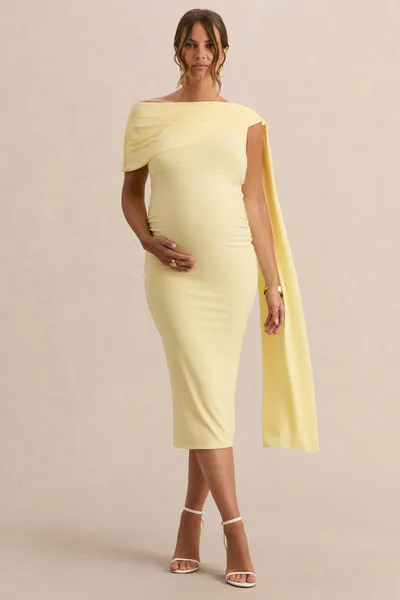 Club L London Braelyn | Lemon Asymmetric-Neck Maternity Midi Dress With Gathered Detailing And Sash