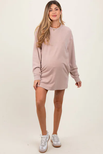 PinkBlush Taupe Long Sleeve Oversized Sweatshirt Maternity Mini Dress