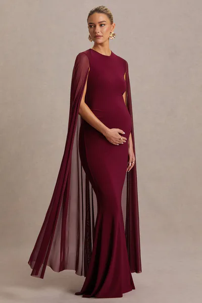 Club L London Currant | Berry High-Neck Maternity Maxi Dress With Cape