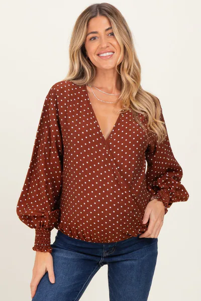 PinkBlush Brown Polka Dot Long Sleeve Smocked Maternity Top