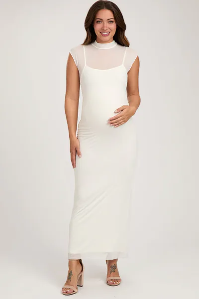PinkBlush Ivory Mock Neck Sleeveless Mesh Maternity Midi Dress
