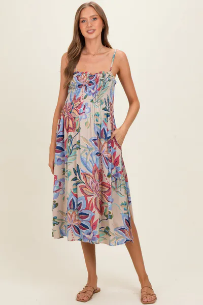PinkBlush Grey Smocked Cinch Bust Maternity Midi Dress