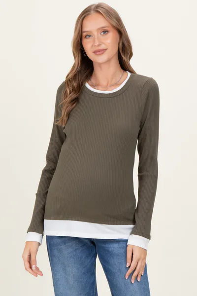 PinkBlush Olive Ribbed Long Sleeve Double Layer Maternity Top