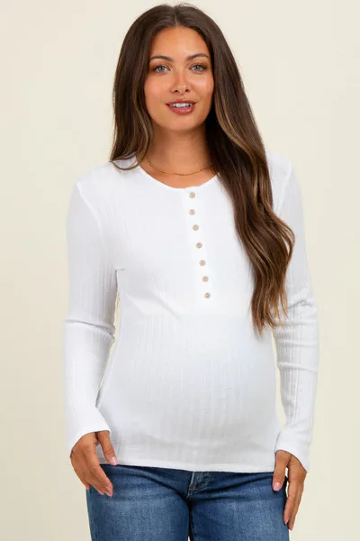 PinkBlush Off White Ribbed Knit Button Long Sleeve Maternity Top
