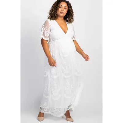 Pinkblush PinkBlush White Lace Mesh Overlay Plus Maternity Maxi Dress 1X