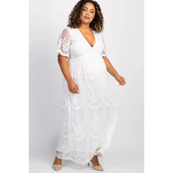 Pinkblush PinkBlush White Lace Mesh Overlay Plus Maternity Maxi Dress 1X