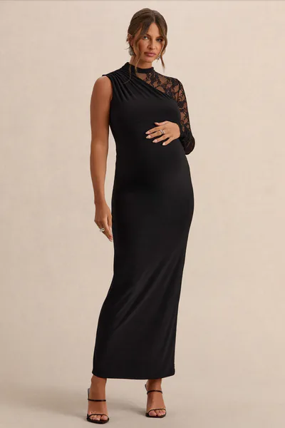 Club L London Hartley | Black High-Neck Maternity Maxi Dress With Lace Detailing