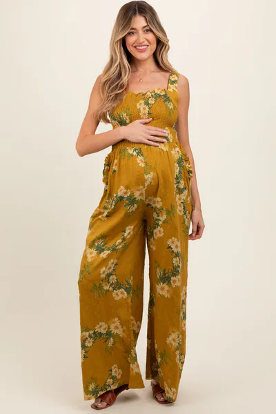 PinkBlush Yellow Floral Smocked Maternity Jumpsuit