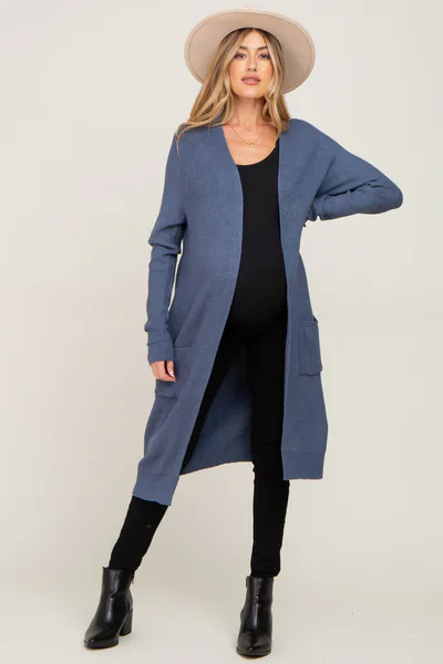 PinkBlush Blue Open Front Long Maternity Cardigan