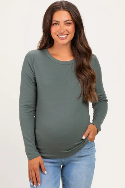 PinkBlush Olive Fitted Ribbed Maternity Long Sleeve