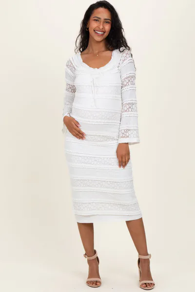 PinkBlush White Lace Ruffle Tiered Off Shoulder Maternity Midi Dress