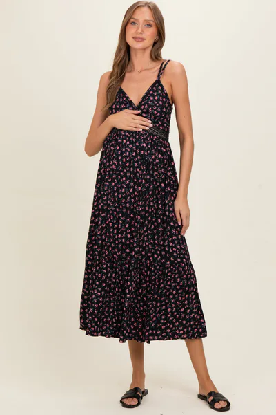 PinkBlush Black Floral Lace Detail Strappy Maternity Maxi Dress