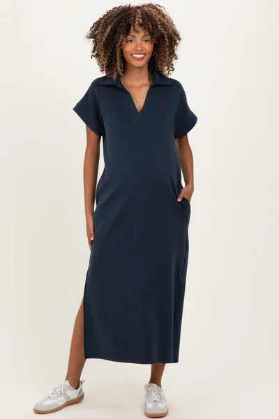 PinkBlush Navy Collared Short Sleeve Maternity Midi Dress