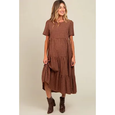 Target Pinkblush Mocha Gingham Tiered Maternity Midi Dress Large