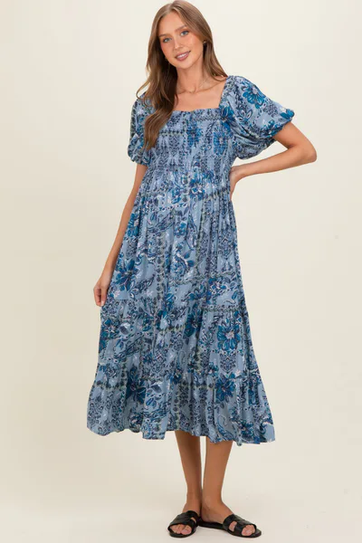 PinkBlush Blue Smocked Bodice Puff Sleeve Printed Maternity Midi Dress