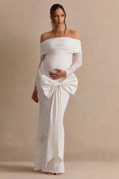 Club L London Solina | White Lace Bardot-Neck Maternity Maxi Dress With Bow Detail