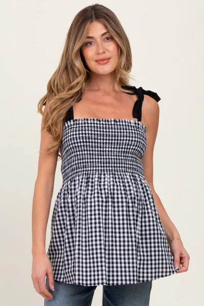 PinkBlush Black Gingham Smocked Shoulder Tie Maternity Top