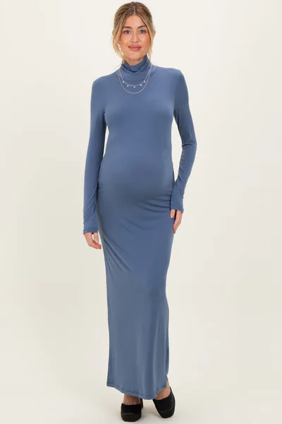 PinkBlush Blue Turtleneck Long Sleeve Maternity Maxi Dress