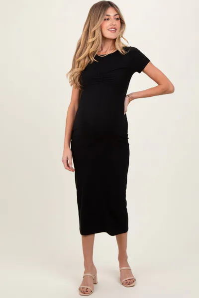PinkBlush Black Ruched Bust Short Sleeve Maternity Maxi Dress