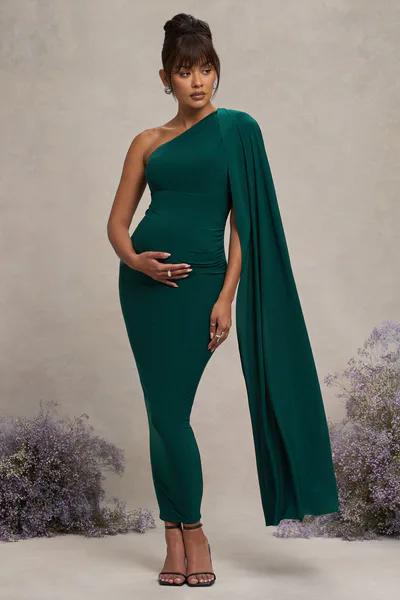 Club L London Amaryllis | Bottle Green Maternity One Shoulder Maxi Dress with Cape Sleeve