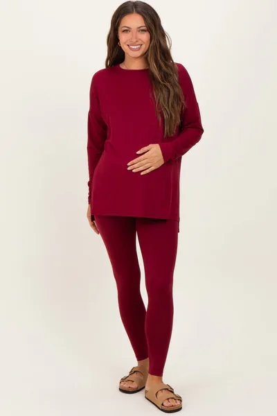 PinkBlush Burgundy Brushed Knit Oversized Top and Legging Maternity Set