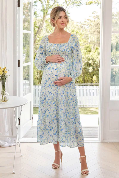 Summer Mae Summer Mae Floral Maternity Maxi Dress | Square Neck Smocked Bust Bump Friendly Cottagecore Dress