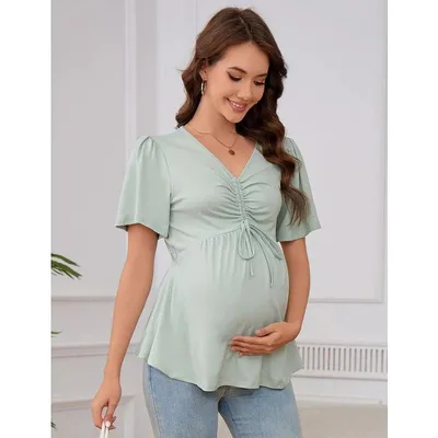 Target Coolmee Women's Short Sleeve V Neck Tops Blouses Ruffle Hem Tie Front Crop Summer Tops Bean Green M