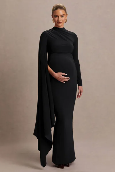 Club L London Lavinia | Black High-Neck Maternity Maxi Dress With Cape-Sleeve