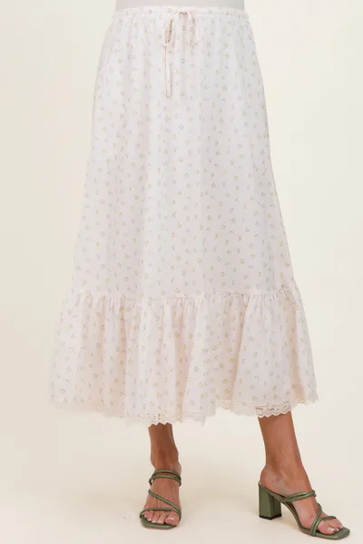 PinkBlush Ivory Print Lace Trim Maternity Midi Skirt
