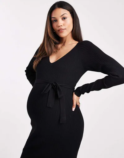 ASOS Vero Moda Maternity rib knit long sleeve midi dress with belt detail in black