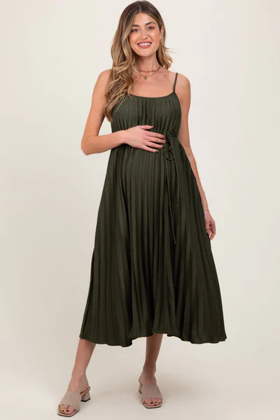 PinkBlush Olive Pleated Sash Tie Maternity Midi Dress