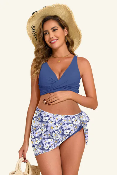 Summer Mae Maternity 3-Piece Bikini Set with Criss-Cross V-Neck, Low-Rise Bottom and Tie Sarong