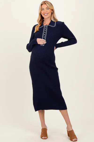 PinkBlush Navy Contrast Stitch Maternity Midi Sweater Dress