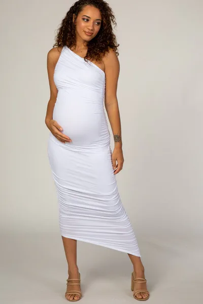 PinkBlush White Ruched One Shoulder Maternity Dress