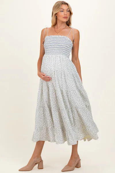 PinkBlush Cream Blue Floral Smocked Tiered Maternity Midi Dress