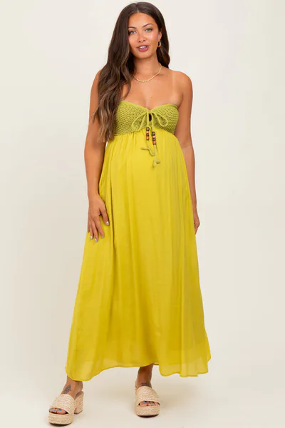 PinkBlush Lime Crochet Contrast Beaded Halter Neck Maternity Maxi Dress