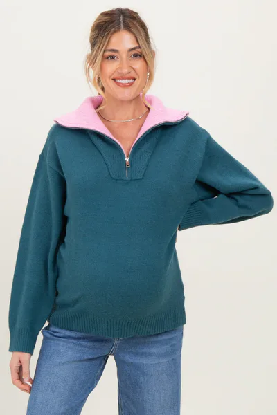 PinkBlush Dark Teal Contrast Collar Half Zip Maternity Sweater