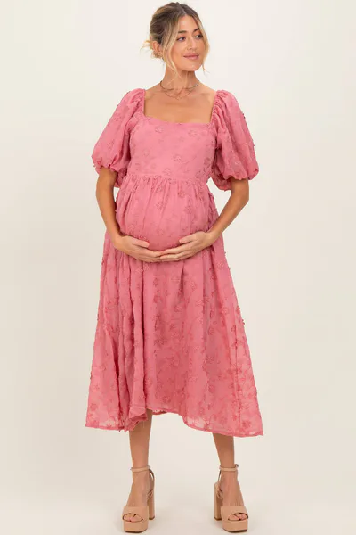 PinkBlush Mauve Embroidered Floral Puff Sleeve Maternity Midi Dress