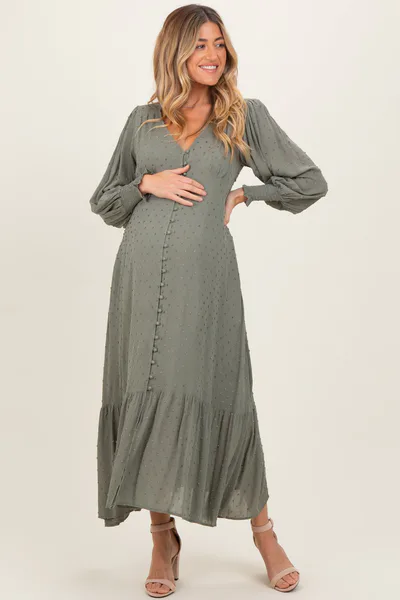 PinkBlush Dusty Olive Swiss Dot Button Down Maternity Maxi Dress