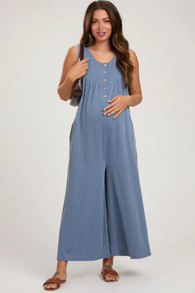 PinkBlush Blue Ribbed Sleeveless Button Front Maternity Jumpsuit