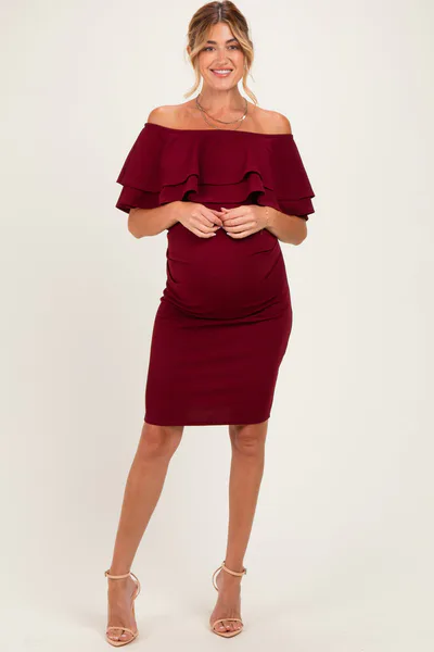PinkBlush Burgundy Off Shoulder Ruched Maternity Dress