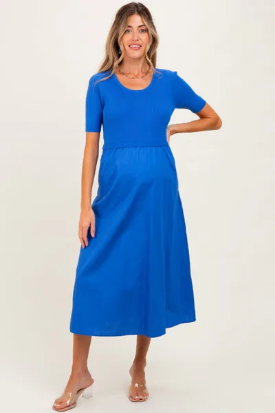 PinkBlush Blue Contrast Knit Top Maternity Midi Dress